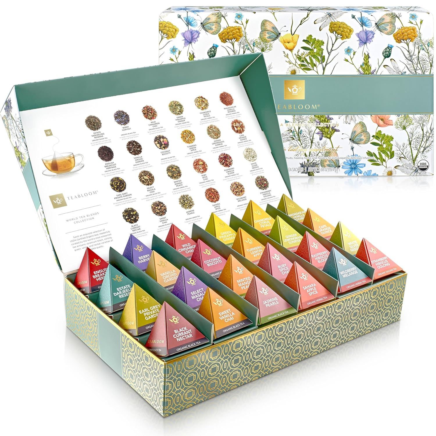Teabloom - World's Finest Pyramid Tea Collection, 24 Varieties of USDA Certified Organic & Kosher Teas - Black Tea, Green Tea, White Tea, Oolong Tea, and Herbal/Fruit Tea Blends
