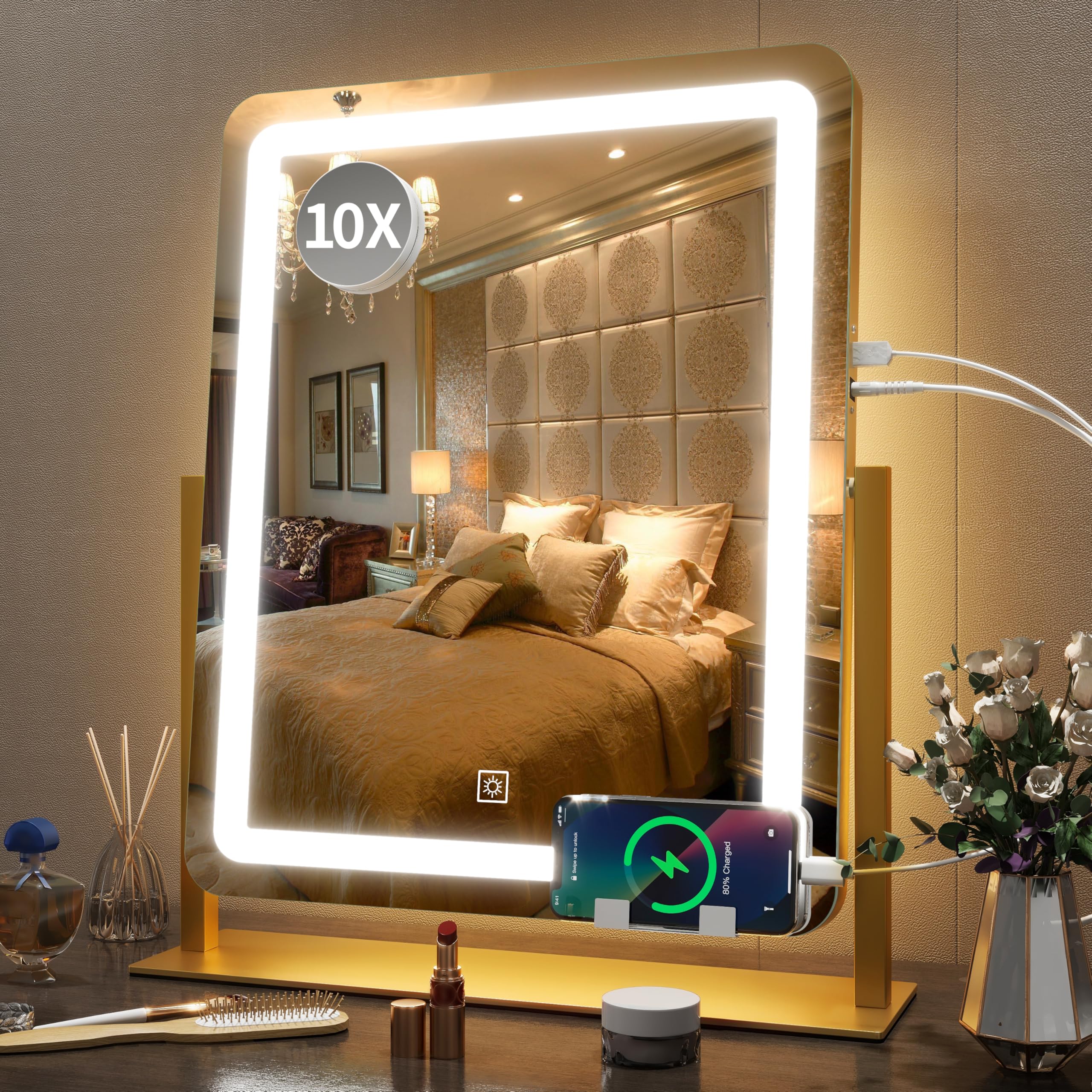 FENNIO Vanity Mirror with Lights 22 Inch- LED Lighted Makeup Mirror,Large Makeup Mirror with Lights,Touch Screen with 3-Color Lighting,Led Mirror Makeup,Dimmable(Gold)
