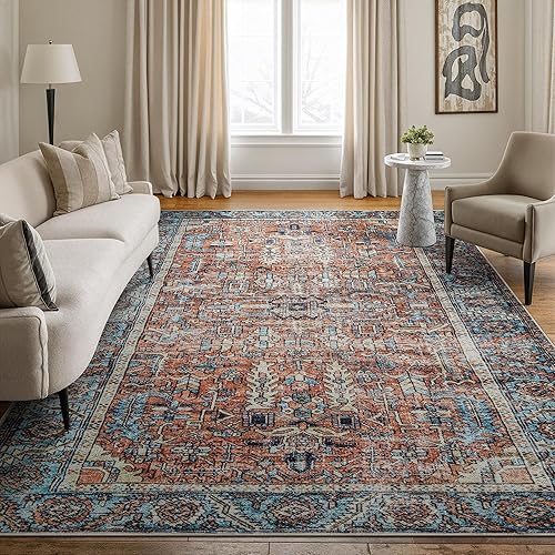 Bloom Rugs - Alfombra lavable, antideslizante, de 2,44 x 3,05 m, color naranjaazul, tradicional, para sala de estar, dormitorio, comedor y cocina -
