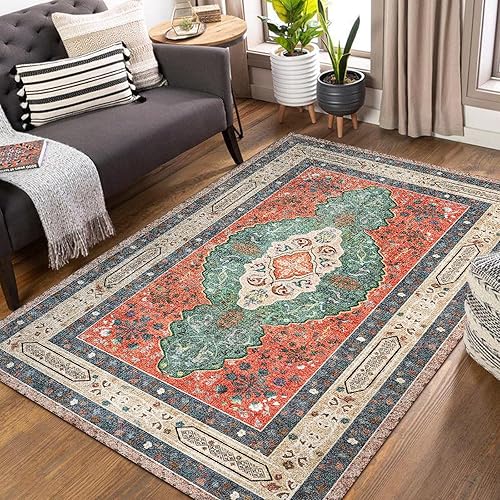dovfa Large Bohemian Area Rug, 5x7 Vintage Soft Rug Low Pile Machine Washable Distressed Faux Wool Ultra-Thin Non Slip Carpet for Bedroom Living Room Dining Room, Red