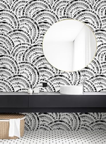 Miniatura 5 de Papel tapiz geométrico negro para despegar y pegar, papel tapiz blanco y negro, papel tapiz circular de 17.3 x 393.7 pulgadas, papel tapiz extraíble