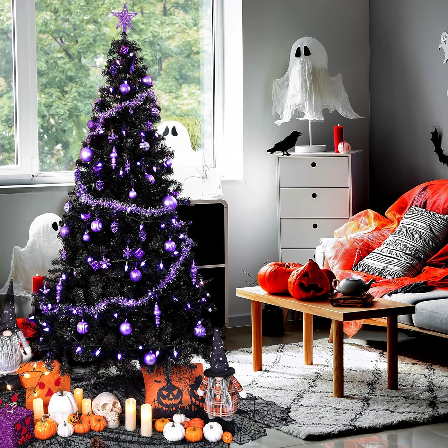 Sunnyglade 6 Ft Halloween Black Premium Artificial Christmas Tree 1000 Tips Easy to Assemble with Christmas Tree Stand (6 ft)