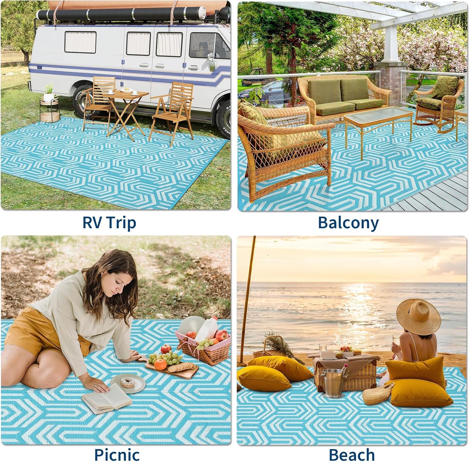 GAOMON 9'x12' Outdoor Rug Waterproof, Reversible Plastic Straw Rug for Patio, Backyard, Deck, Picnic & Indoor/Outdoor Use – UV Resistant, Easy Clean Outdoor Large Carpet Pet Friendly, Light Blue