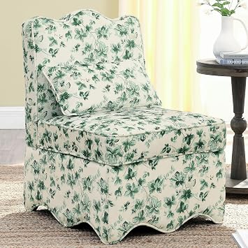 Floral Accent Chair Comfy with Pillow, Armless Accent Chair Green | for Bedroom, Slipper Chair with Soft Seat Cushion and Backrest, Side Chairs for Living Room, Flannel Fabric, Wave-shaped