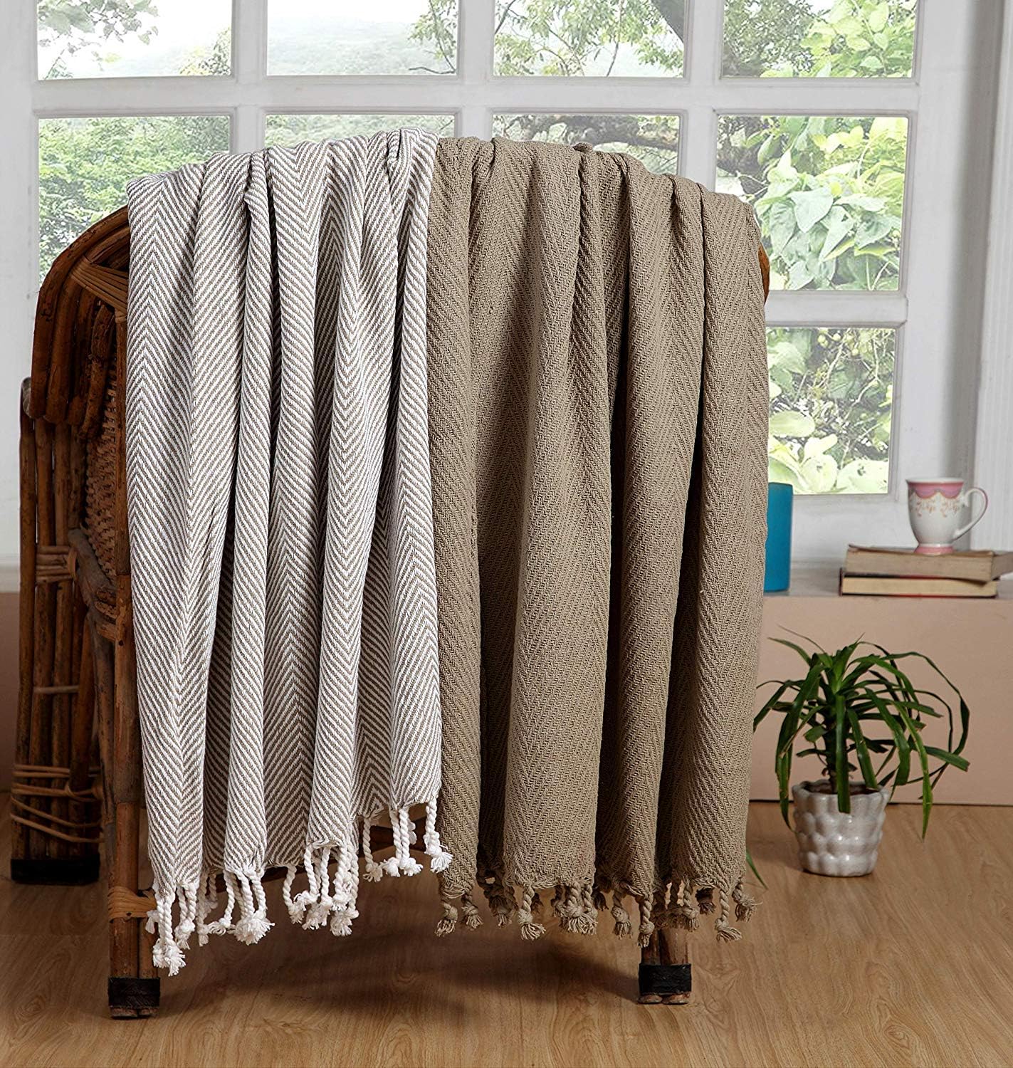 Luxurious Hand Woven Cozy Warm 100% Cotton All Season Light Weight Couch Chair Bed Decorative Throw Blankets Chevron 50x60 Inch Set of 2 (Beige)