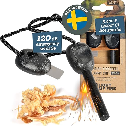Light My Fire Swedish Flint Fire Starter Ferro Rod Survival Tools ARMY Fire Steel Bushcraft Camping Gear Flint and Steel Fire Starter Kit 2-in-1 Fire Flint and Striker 12,000 Strikes
