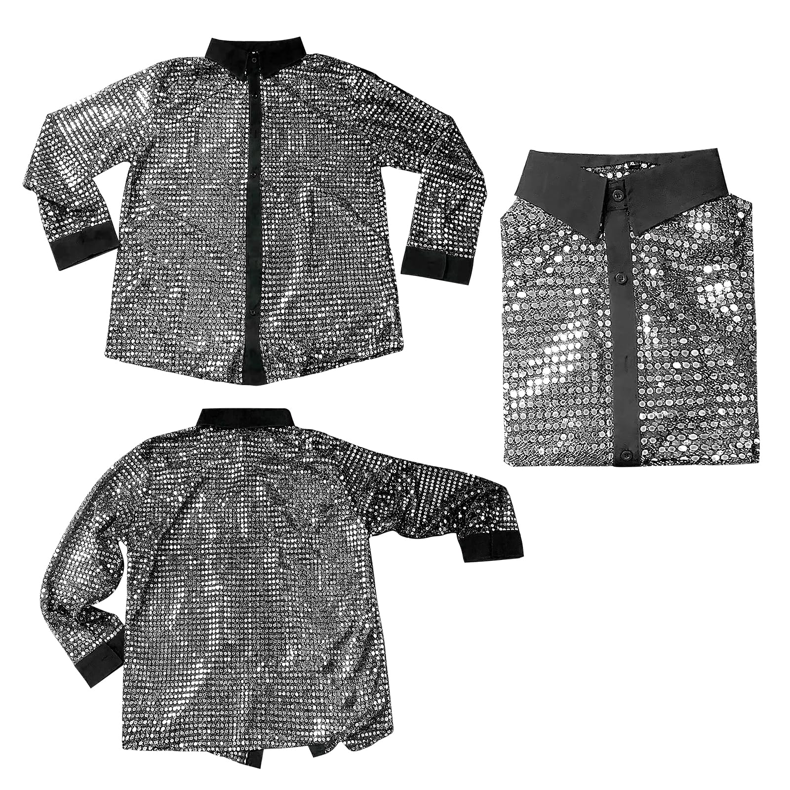 RUIXIA Chemise Disco Homme Chemise Paillettes Brillant Manches Longues Costume de Disco Style Rétro Années 70 80 Tenu Boutonné Semi-Transparent de Danse Bal Carnaval Fête Performance