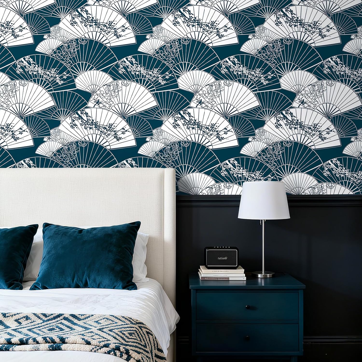 LACHEERY 17.5"x275" Dark Blue and White Peel and Stick Wallpaper Art Deco Fan Wallpaper Peel and Stick Contact Paper Blue Wall Paper for Bathroom Kitchen Bedroom Walls Cabinets Waterproof Navy Roll