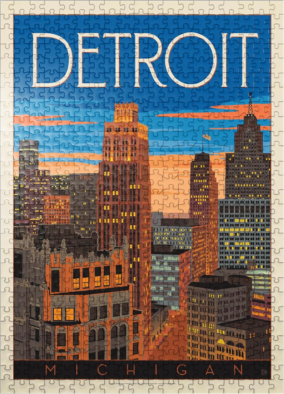MyPuzzle Detroit, MI: Skyline, Vintage Poster - Premium 500 Piece Jigsaw Puzzle for Adults