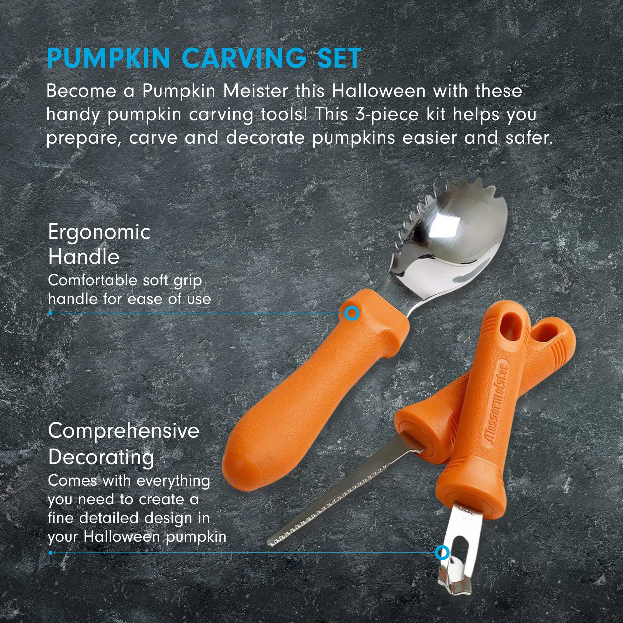 Messermeister 3-Piece Pumpkin Carving Set - Includes Scraper, Sawtooth Carver & Etching Tool - AISI420 Stainless Steel & Soft-Grip Handle — Amazon image 2