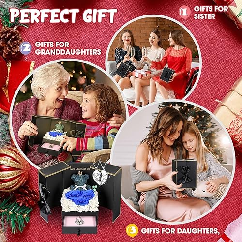 Miniatura 71 de ADDWel Rose Gifts for Women - Preserved Real Roses Forever Purple Flowers with I Love You in 100 Languages Necklace and Cute Moss Bear for