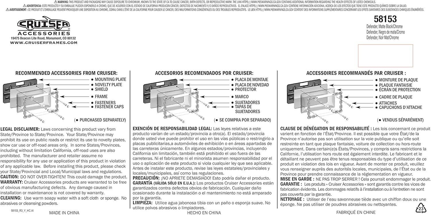 Cruiser Accessories 58153 Defender License Plate Frame, Matte Black/Chrome, 1 Frame (Pack of 2)