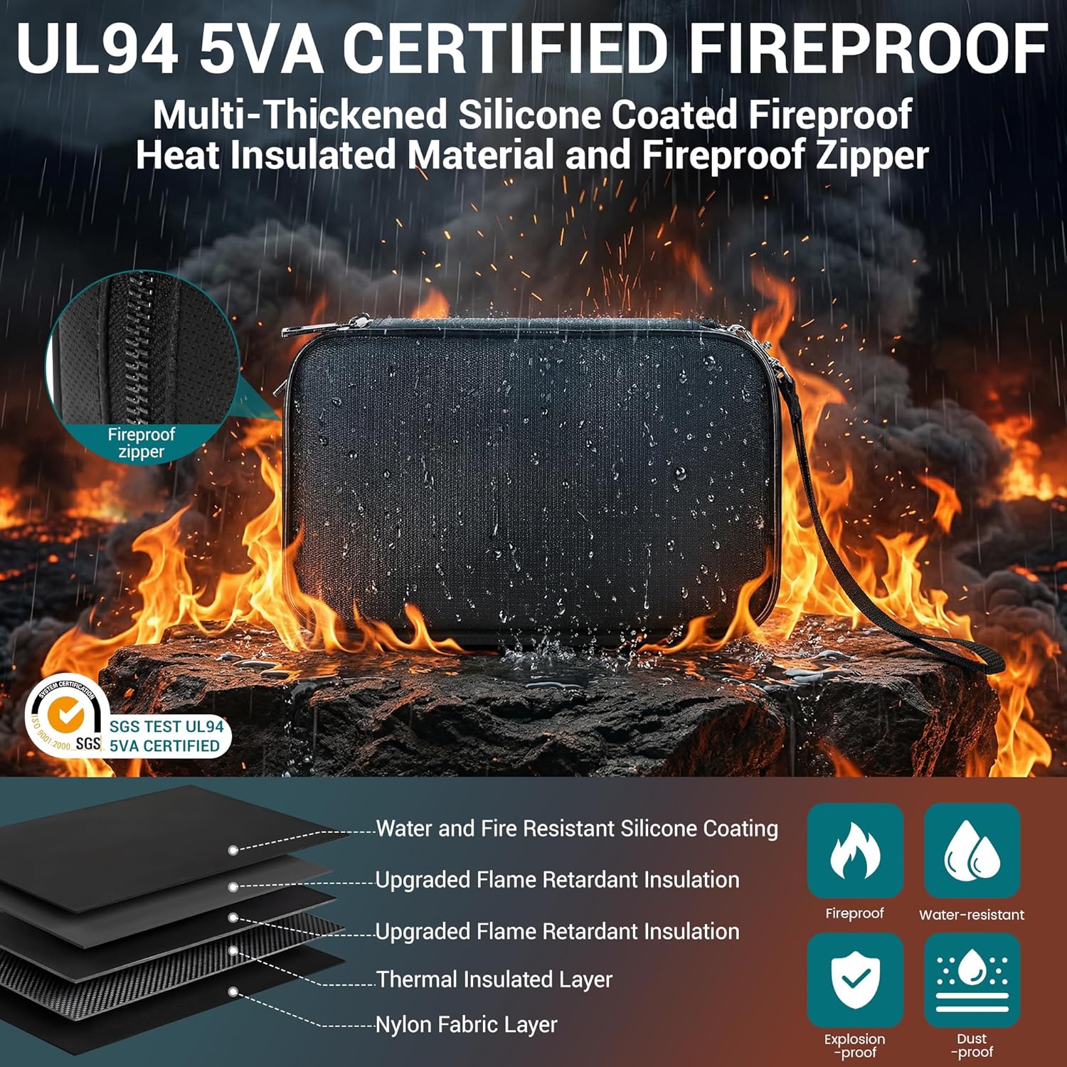 Fireproof Electronics Organizer Travel Case, Water Resistant Tech Accessories Pouch, Explosion-proof Cord Storage Bag with Fireproof Zipper for Phone, Power Bank, Cables, USB, Black