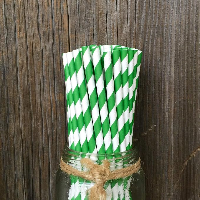 Pitillos de papel verde con rayas blancas x50 miniatura 3