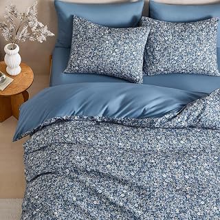 Wake In Cloud - Floral Comforter Set, Cute Vintage Flower Cottagecore Aesthetic for Women Teen Girls, Soft Lightweight Dorm Bedding, 3 Pieces, Dusty Blue, Full Size