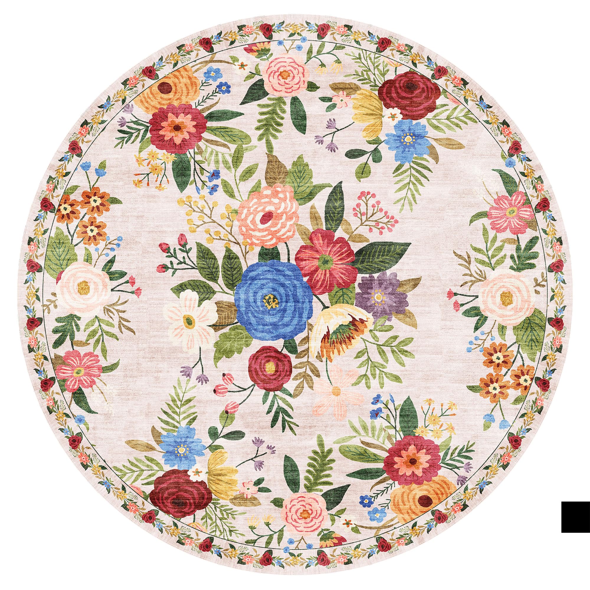 Tapis Rond 120cm Lavable Machine, Moquette Antidérapante Poil Bas Style Boho, Motif Floral Oriental Doux pour Salon, Chambre, Cuisine, Nursery, Bureau