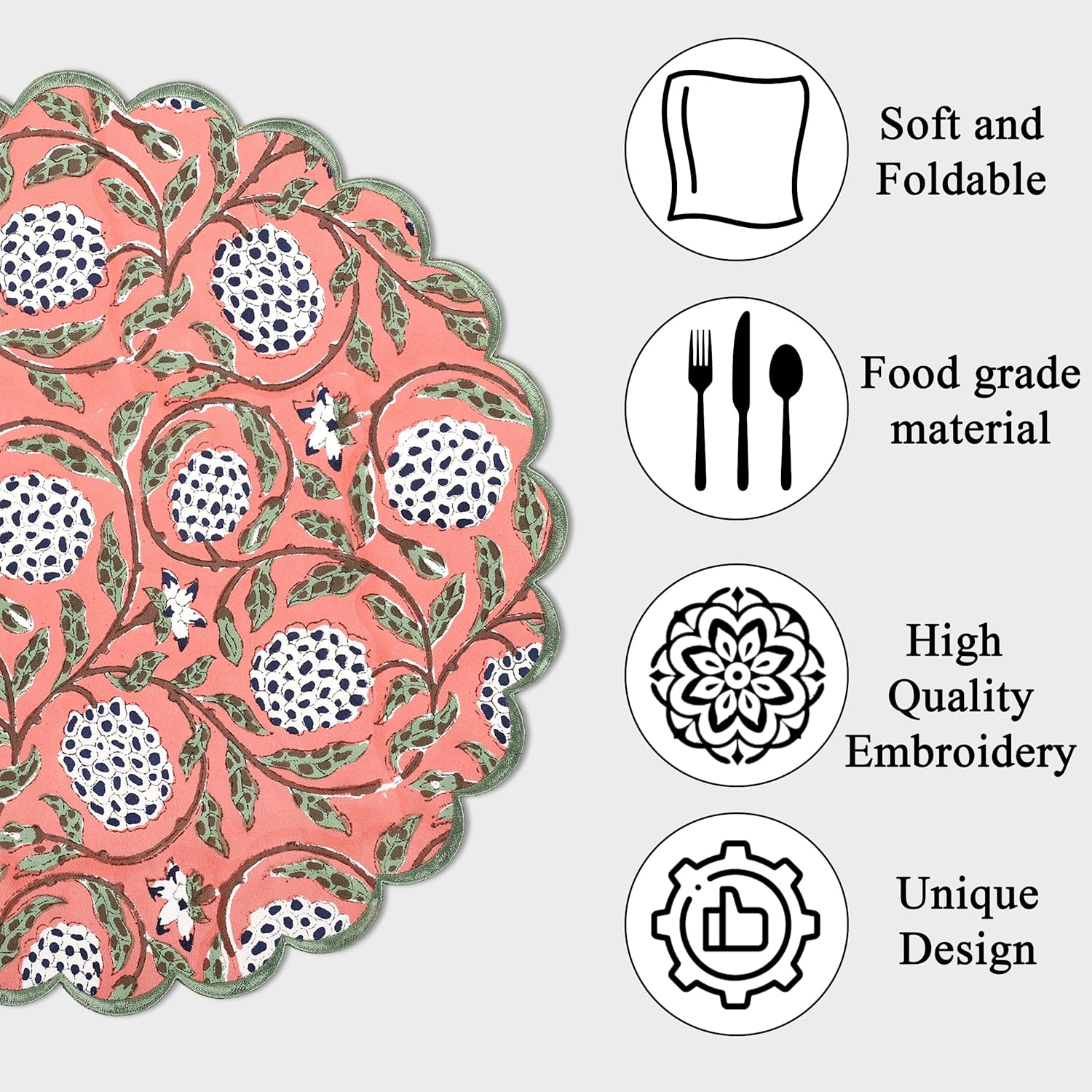Ridhi Dark Salmon Bo-ho Round Place Mat Double Layer Floral Cotton Washable Placemats 15" Round Embroidery Block Print Table Mat (Pack of 4-15 Inch Round)