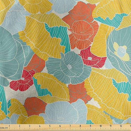 Ambesonne Colorful Fabric by The Yard, Spring Nature Inspired Art with Poppies and Striped Petals Vintage Revival, Decorative Satin Fabric for Home