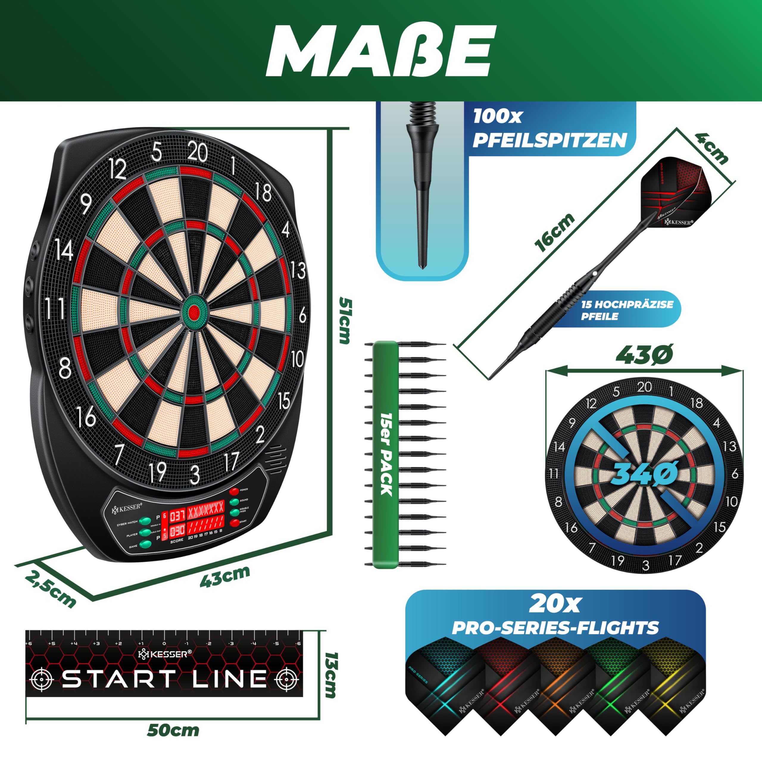 KESSER® Elektronische Dartscheibe Profi Set - E Dartboard mit 15 Dartpfeile + 20 Pro Flights 100 Pfeilspitzen + Zubehör Dart für 1 bis 8 Spieler mit LED Anzeige