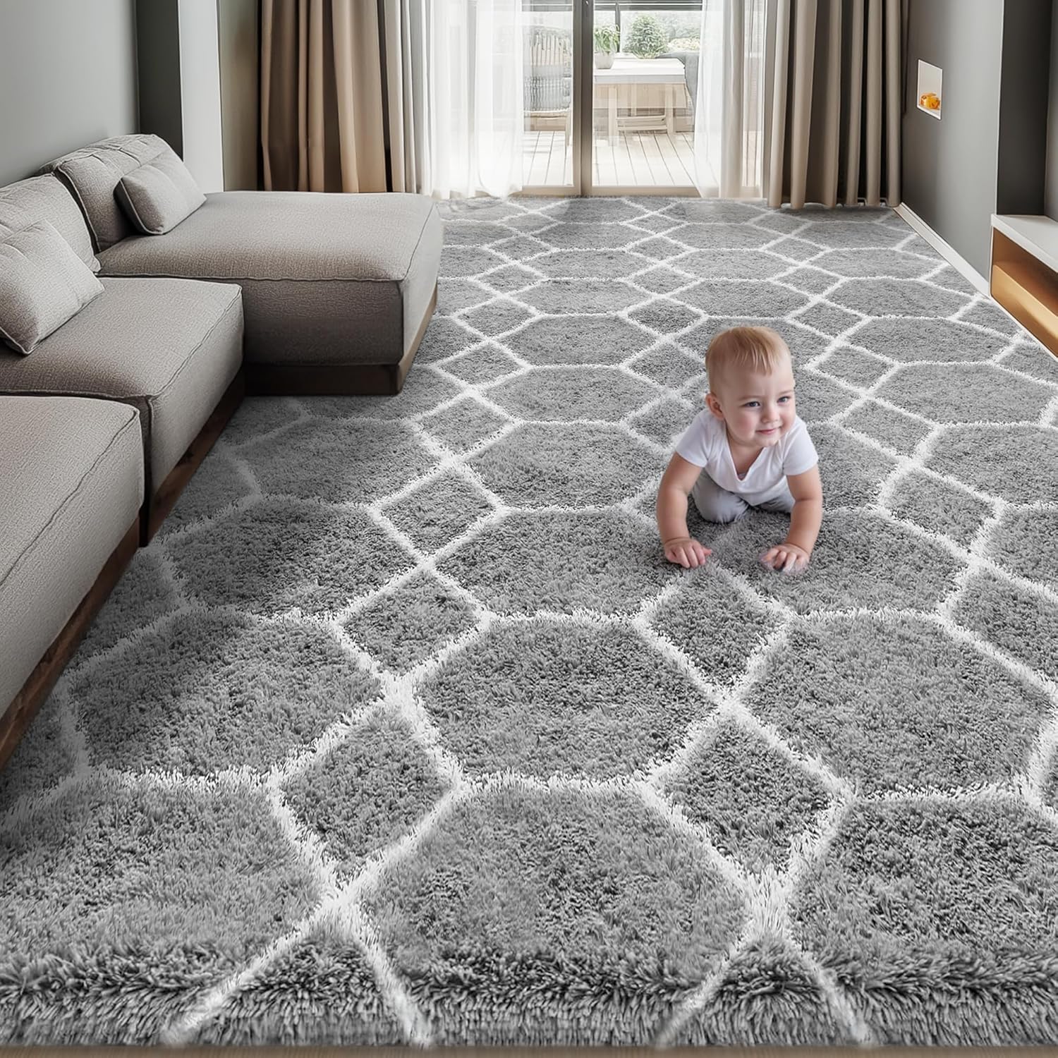 Area Rug for Living Room Bedroom, 8X10 Feet Soft Shaggy Rug, Plush Fluffy Rugs, Modern Moroccan Geometric Carpets, Anti-Skid Durable Carpet for Kids Dorm Nursery, Light Grey and White 8' x 10' (Rectangular) Light Grey and White