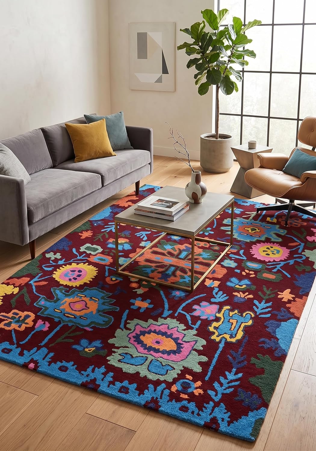 Handmade Oushak Wool Area Rug | Floral and Botanical Patterns in Soft Blue and Green | Luxurious Thick Pile for Living Room, Bedroom & Dining Room Decor (Deep Maroon, 5' x 8')