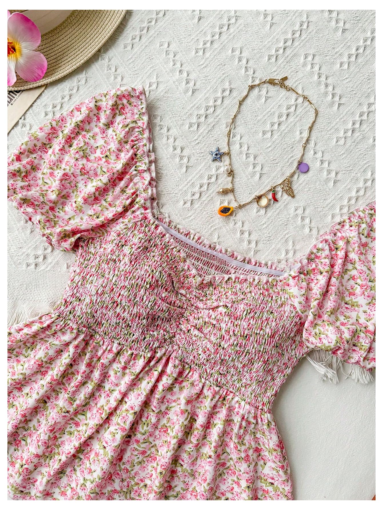 SHENHE Women's Summer Floral Puff Sleeve Peplum Blouse Smocked Sweetheart Neck Ruffle Boho Top