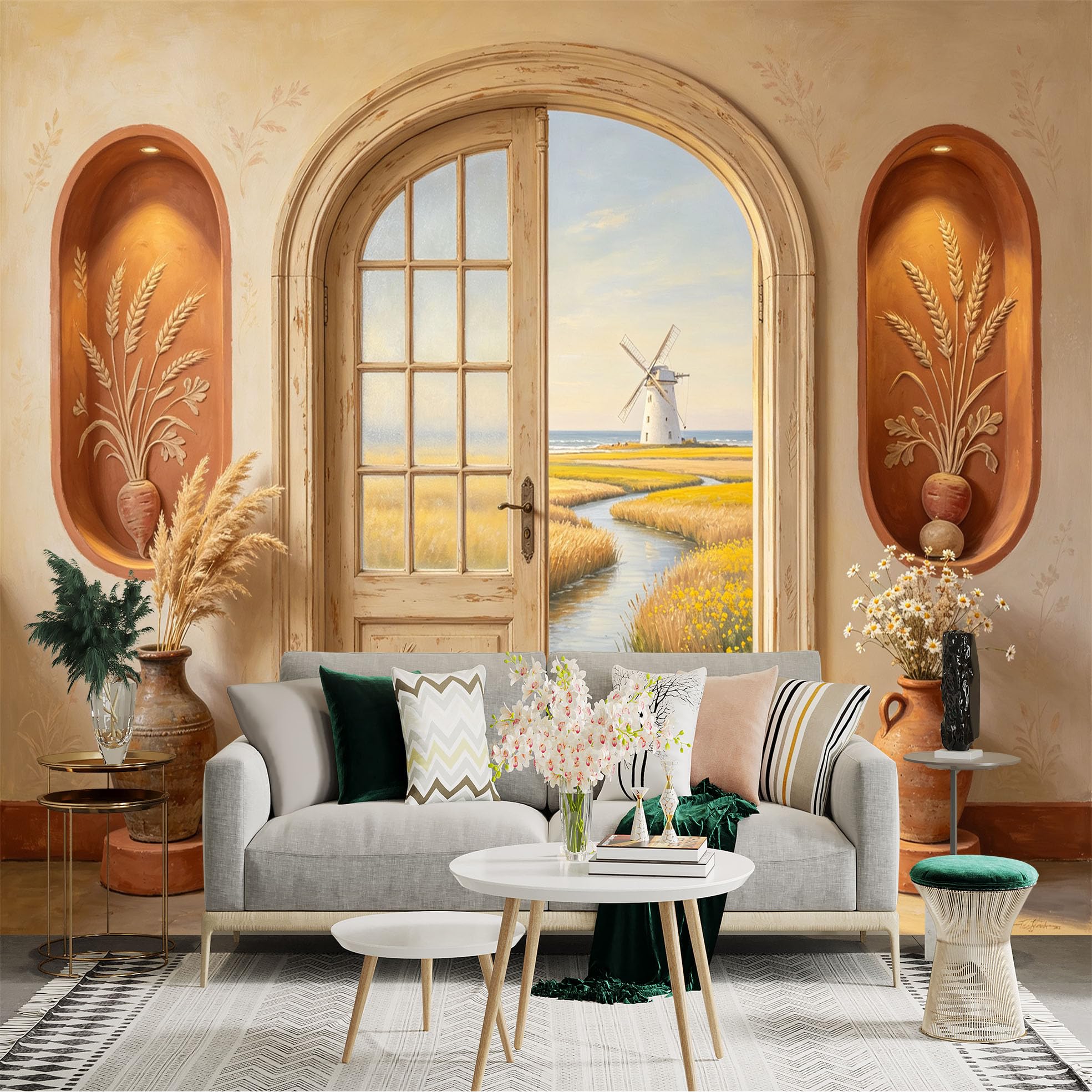 Custom Size Wall Sticker Mural， Rustic Arch Doorway， Windmill Meadow and River Landscape， for wall Decoration， peelandstick wall Decals.