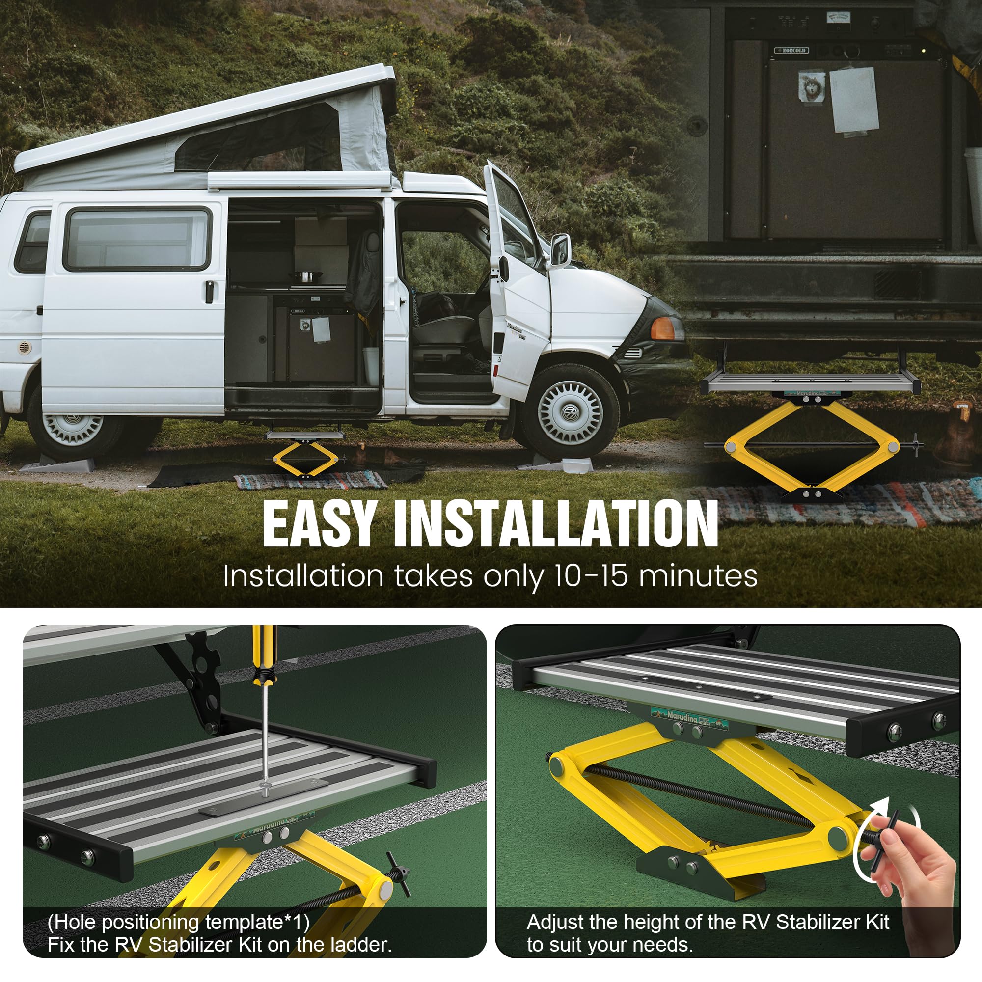 Marudina Kit de estabilizador de escalones de RV para quinta rueda, remolques, autocaravanas, estabilizador de escalones plegable, estabilizador de escalones de caravana resistente, soporta hasta 1500