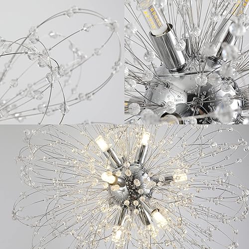 Miniatura 6 de Isamacc - Lámparas de araña modernas de cristal, lámpara colgante de 9 luces con diseño de fuegos artificiales cromados, lámpara de techo colgante