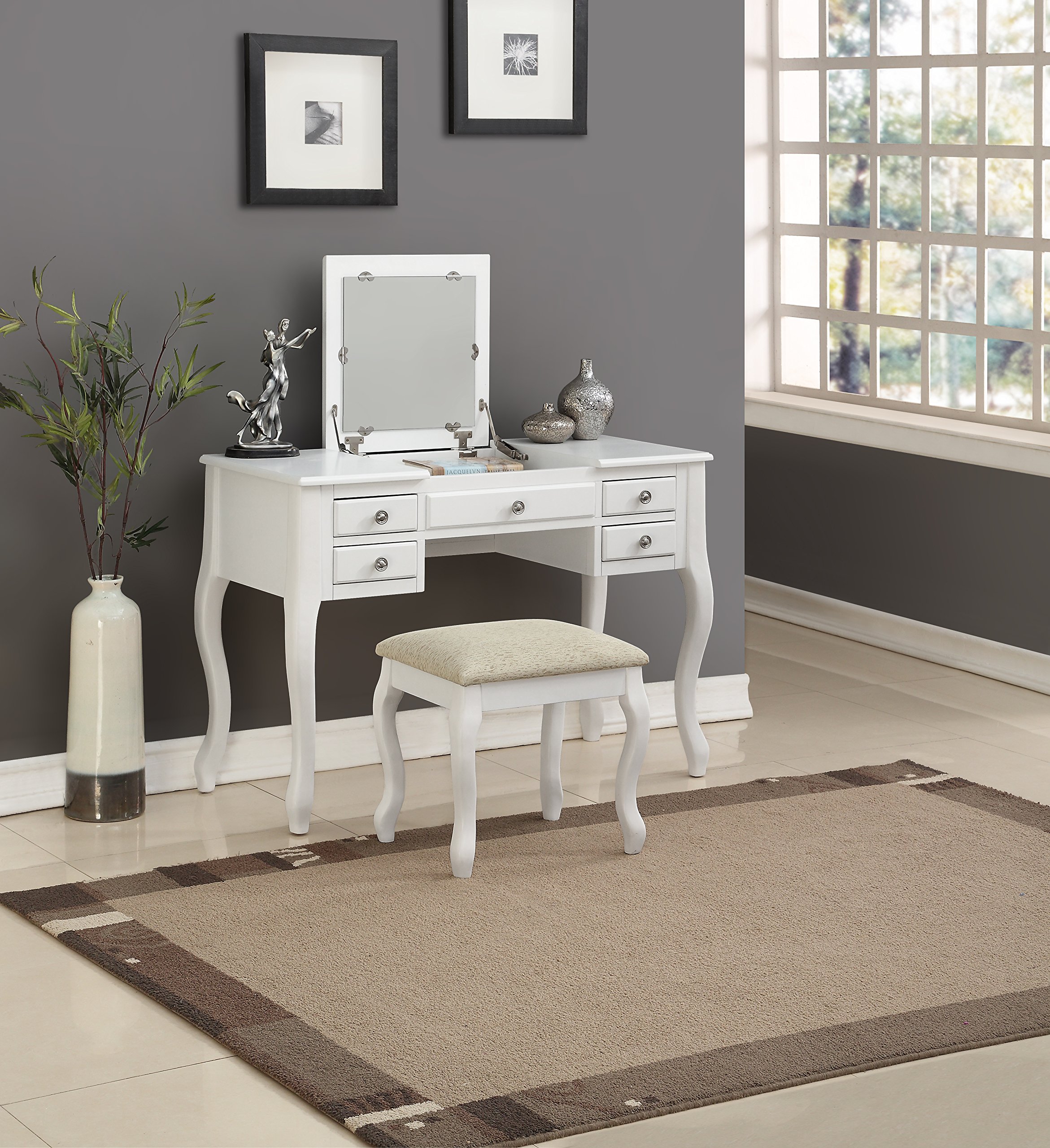 Poundex Bobkona Cailyn Flip Up Mirror vanity Set with Stool in White