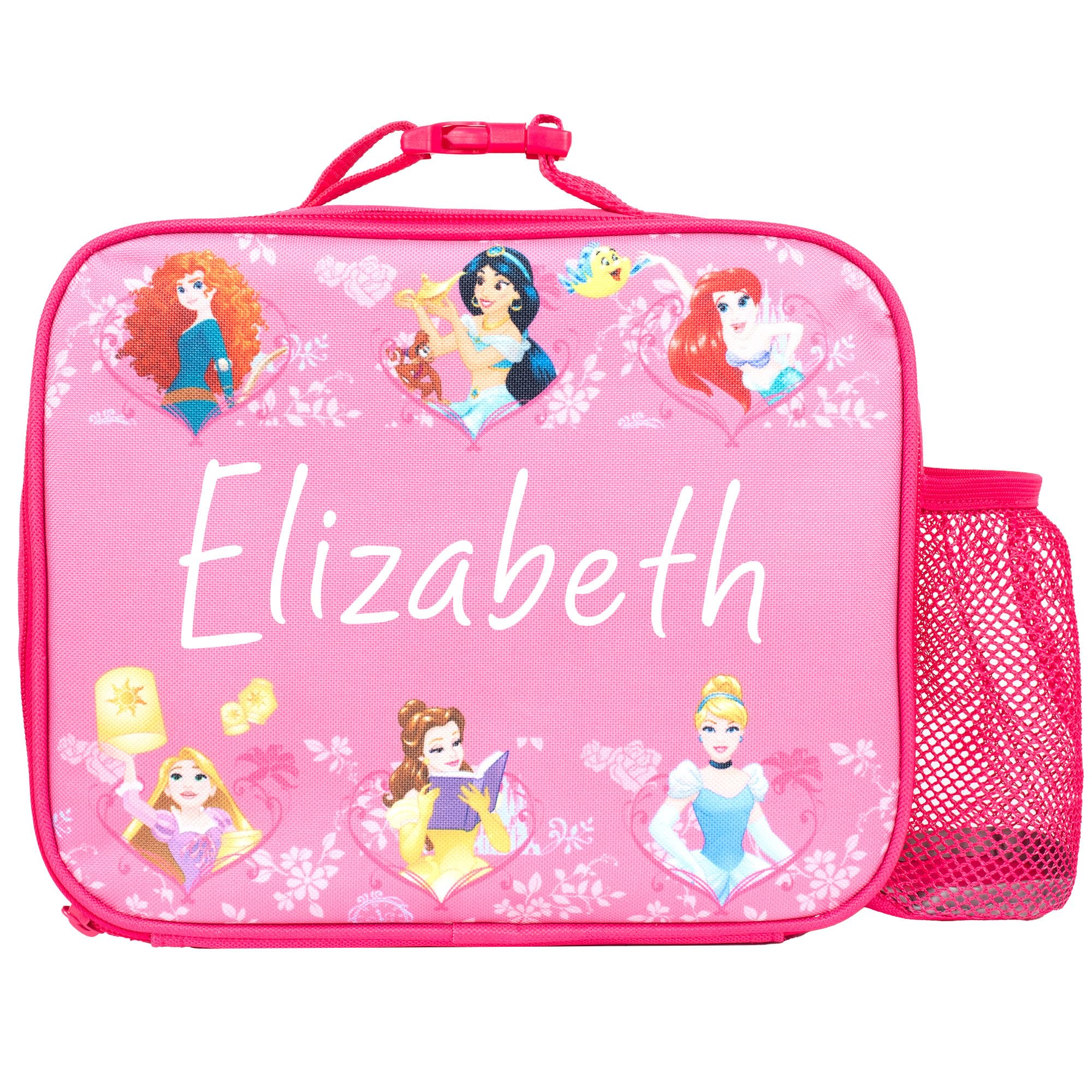 Princesses Personalised Kids Lunch Bag - Thermal Insulated with mesh Drinks Holder - School and Snacks Bag for Girls - Pink