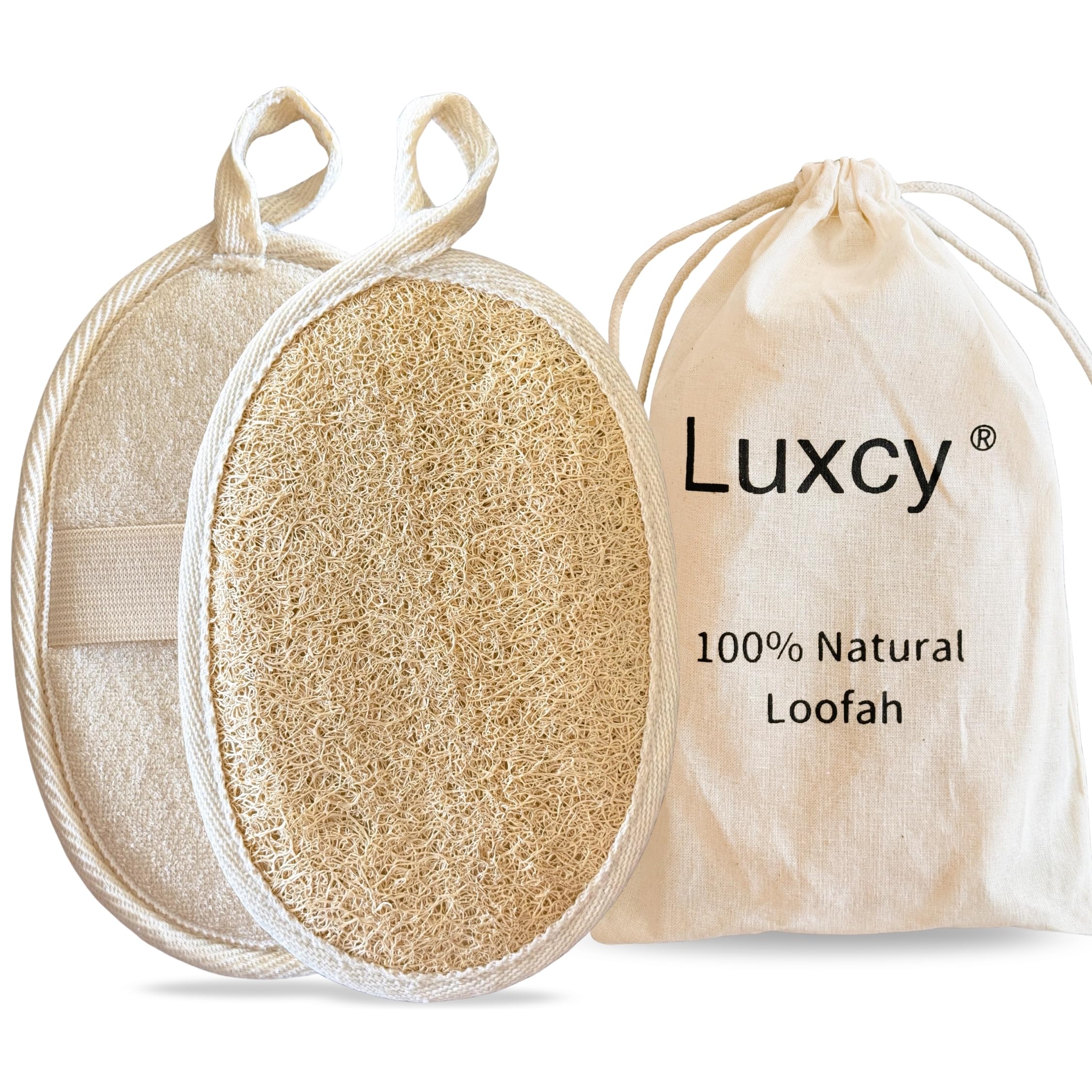 Luxcy Natural Loofah Body Scrubber – Egyptian Shower Sponge for Women & Men, 100% Plant-Based Luffa, Gentle Exfoliating Pads for Bath or Shower, (2