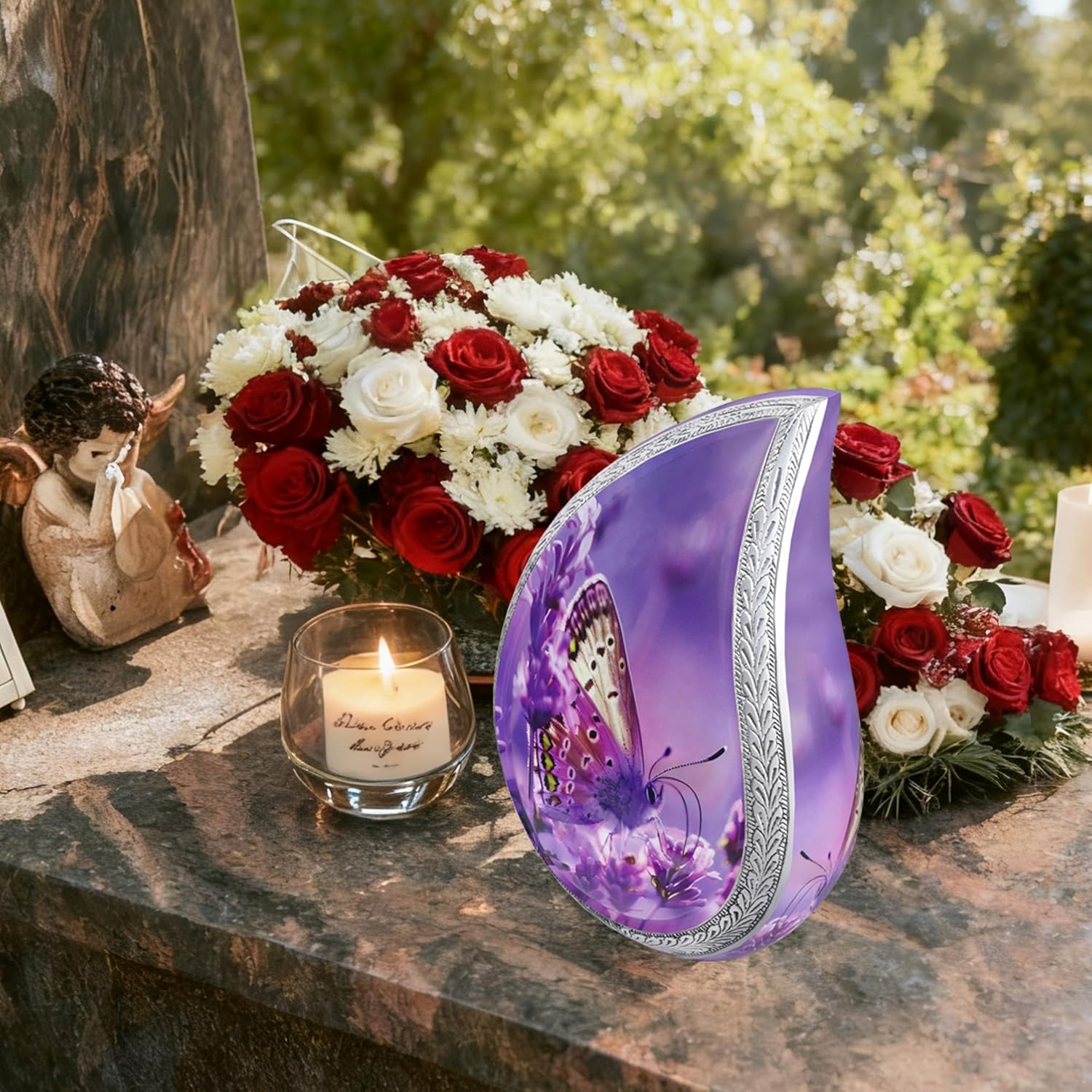 Cremation Urn for Ashes for Women & Men, Teardrop Urns for Human Ashes Adult Female & Male, Funeral Urns With Butterflies, Tear Drop Decorative, Lavender & Flower, Purple Butterfly Urn - Large
