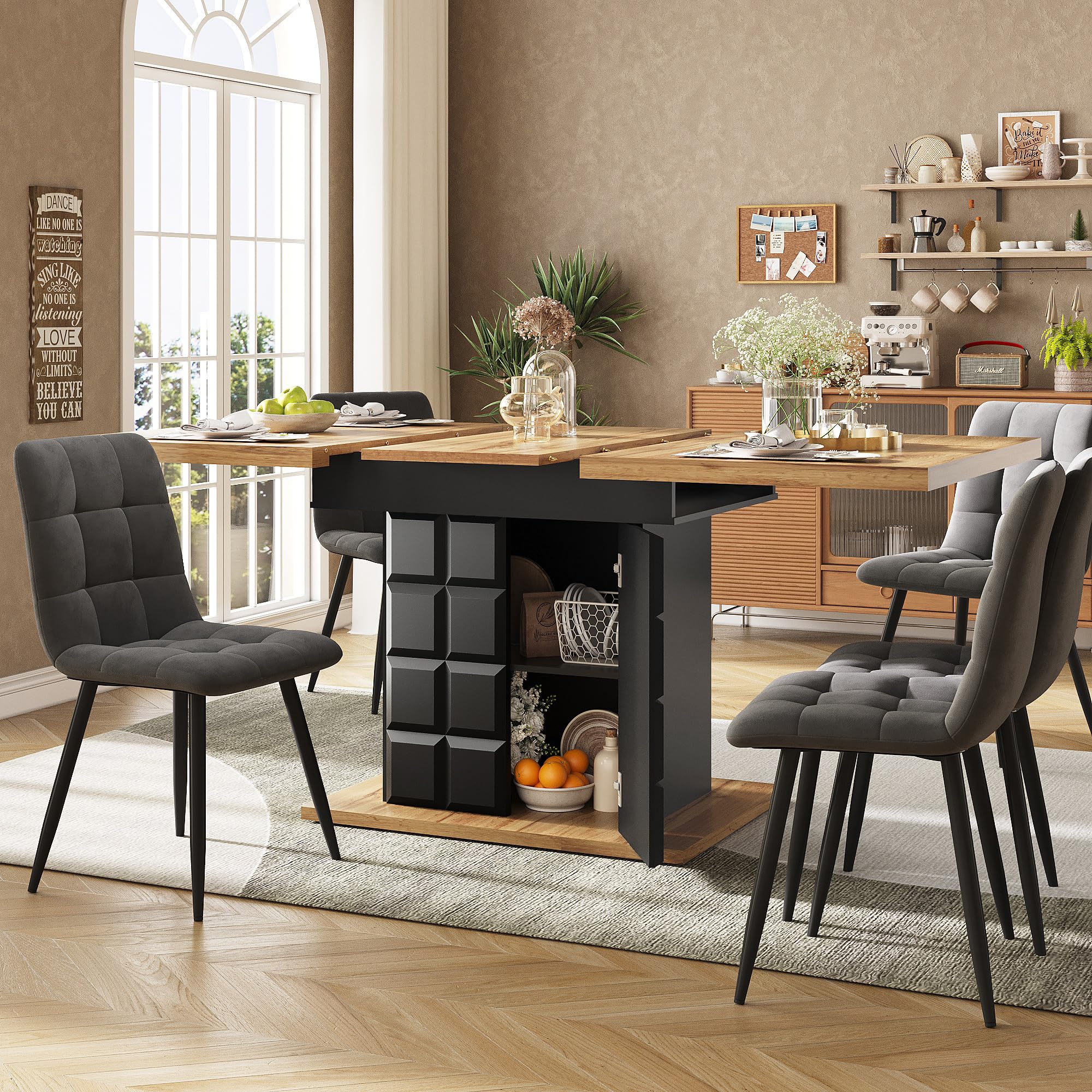 BTM Modern Extending Dining Table with Storage, Space Saving Kitchen Extendable Tables 4-6 for Living Room, 110-140cm, Black