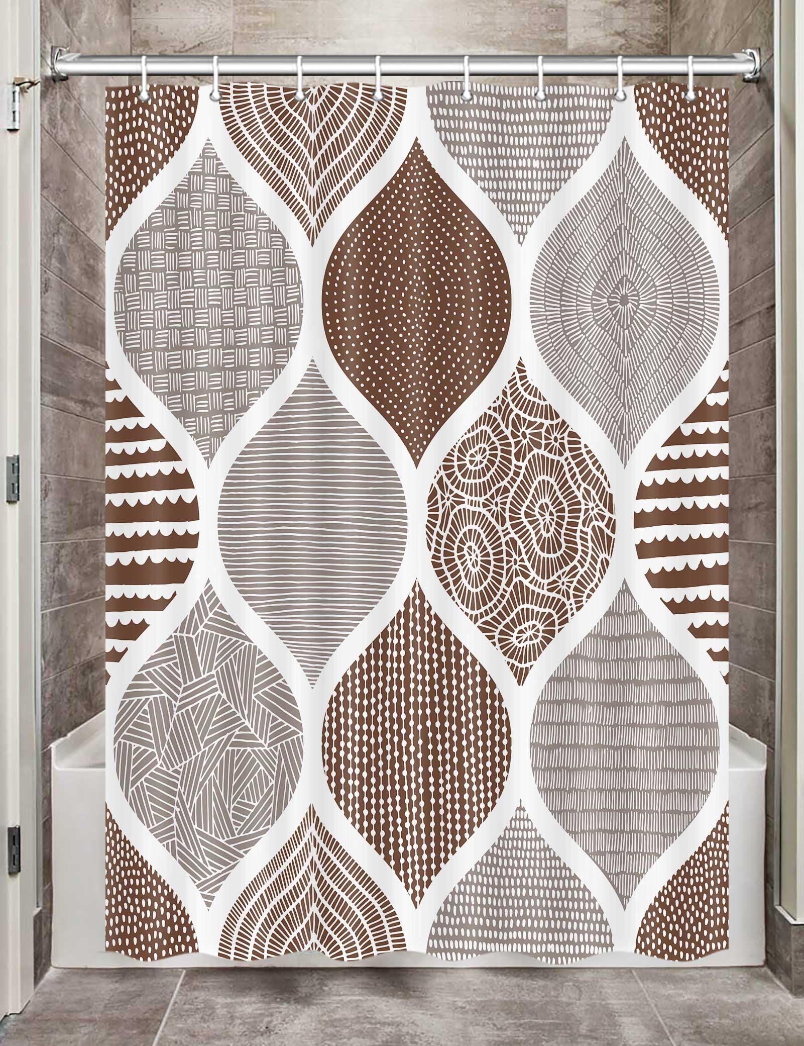 JAWO Tan and Grey Camper RV Shower Curtain for Travel Trailer Bathroom, Brown Retro Bohemian Geometric Camping Small Narrow Fabric Shower Curtains Set, Happy Camp Decor Accessories 47X64 in