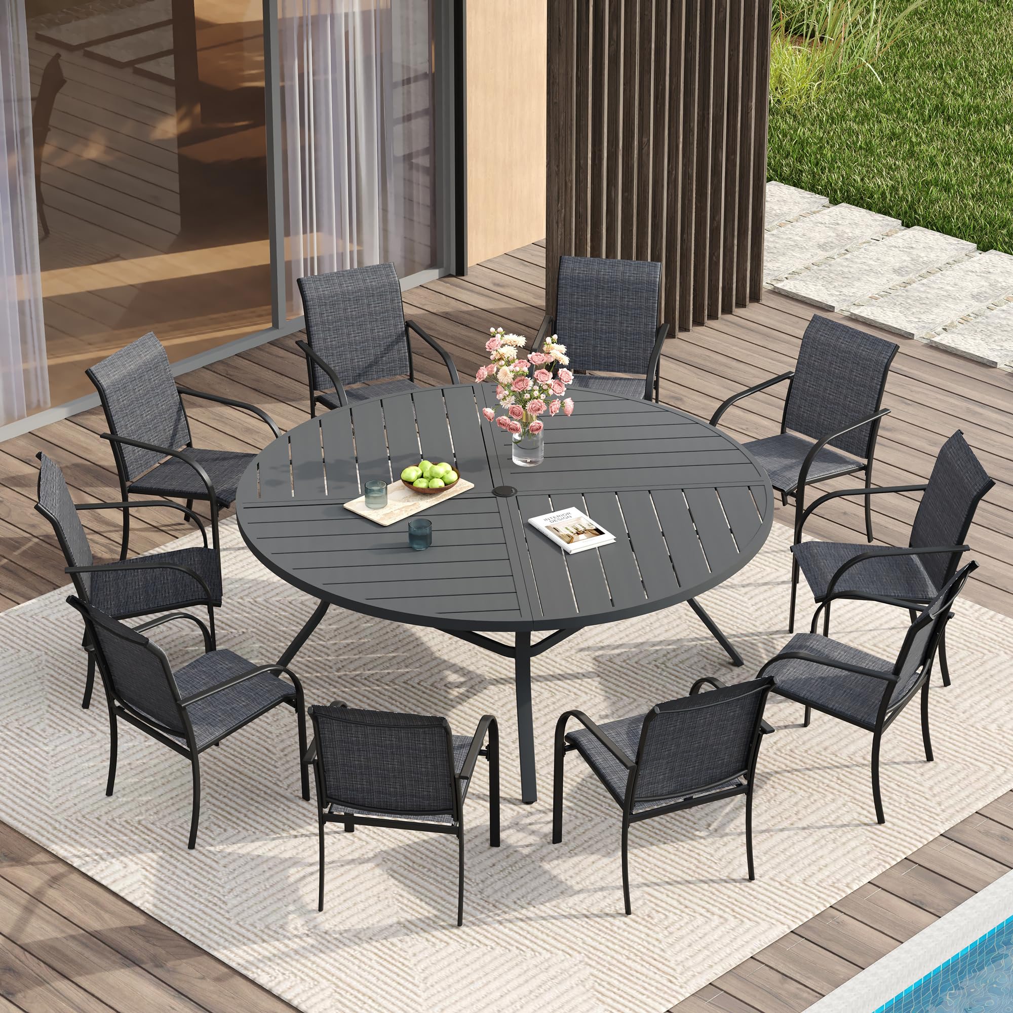 VICLLAX Patio Table and Chair Set of 10, All Weather Metal Round Outdoor Dining Furniture Set-59.9" Round Outdoor Table and Chairs, Grey Tabletop