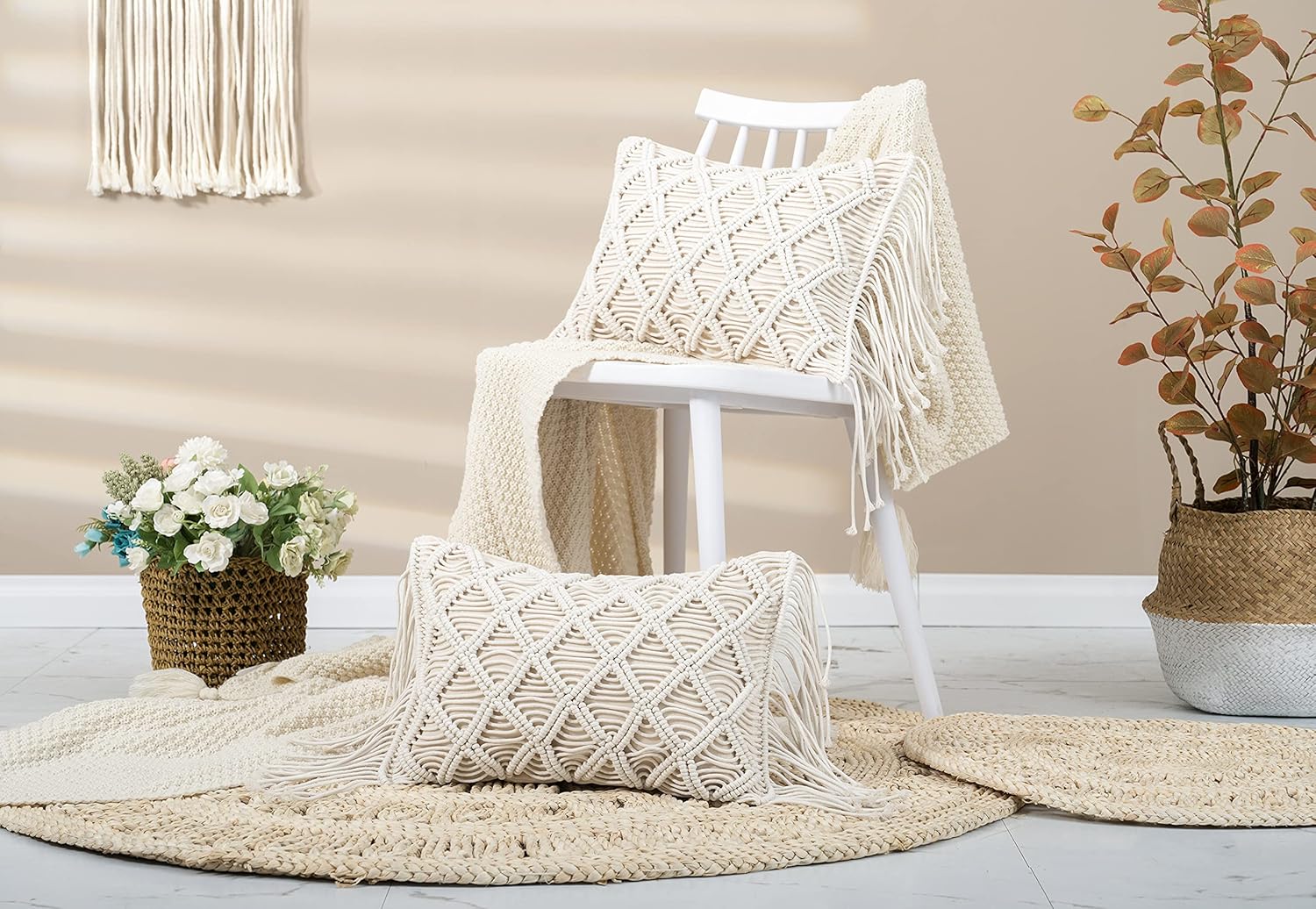 Macrame Lumbar Pillow Cover-Set of 2 Decorative Thorw Pillowcase Boho Tassel Cushion Covers for Sofa Couch Chair Farmhouse Home Decor 12X18 INCH - Image 4