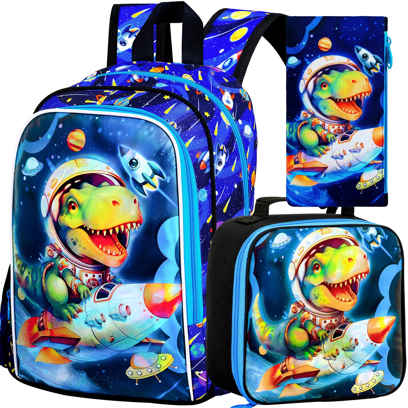 KLFVB 3PCS Dinosaur Backpack, Water Resistant Kids Space Bookbag with Lunch Box for Boys, 16" Preschool Backpacks for Elementary - Rocket Dinosaur