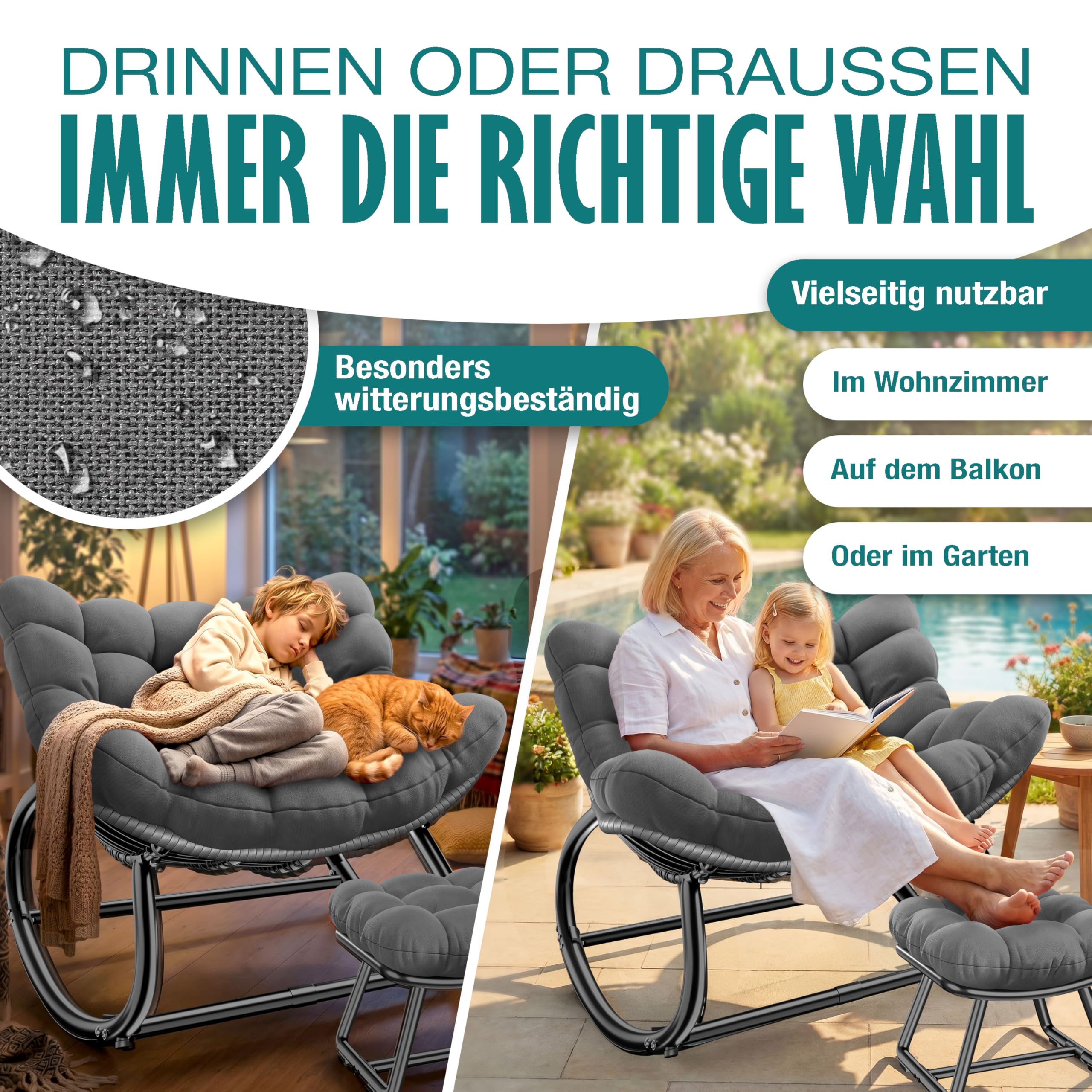 KESSER Mecedora con reposapiés para interiores y exteriores, ergonómica, carga máxima de 120 kg, silla de relax, patas antideslizantes, resistente a la intemperie, ideal para balcón, jardín y salón