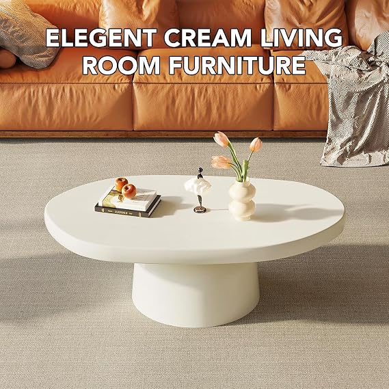 Guyii Oval Coffee Table, Modern Center Table, Cream White Tea Desk for Living Room, Bedroom, Home Office, Easy Assembly