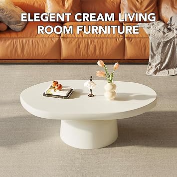 Guyii Oval Coffee Table, Modern Center Table, Cream White Tea Desk for Living Room, Bedroom, Home Office, Easy Assembly