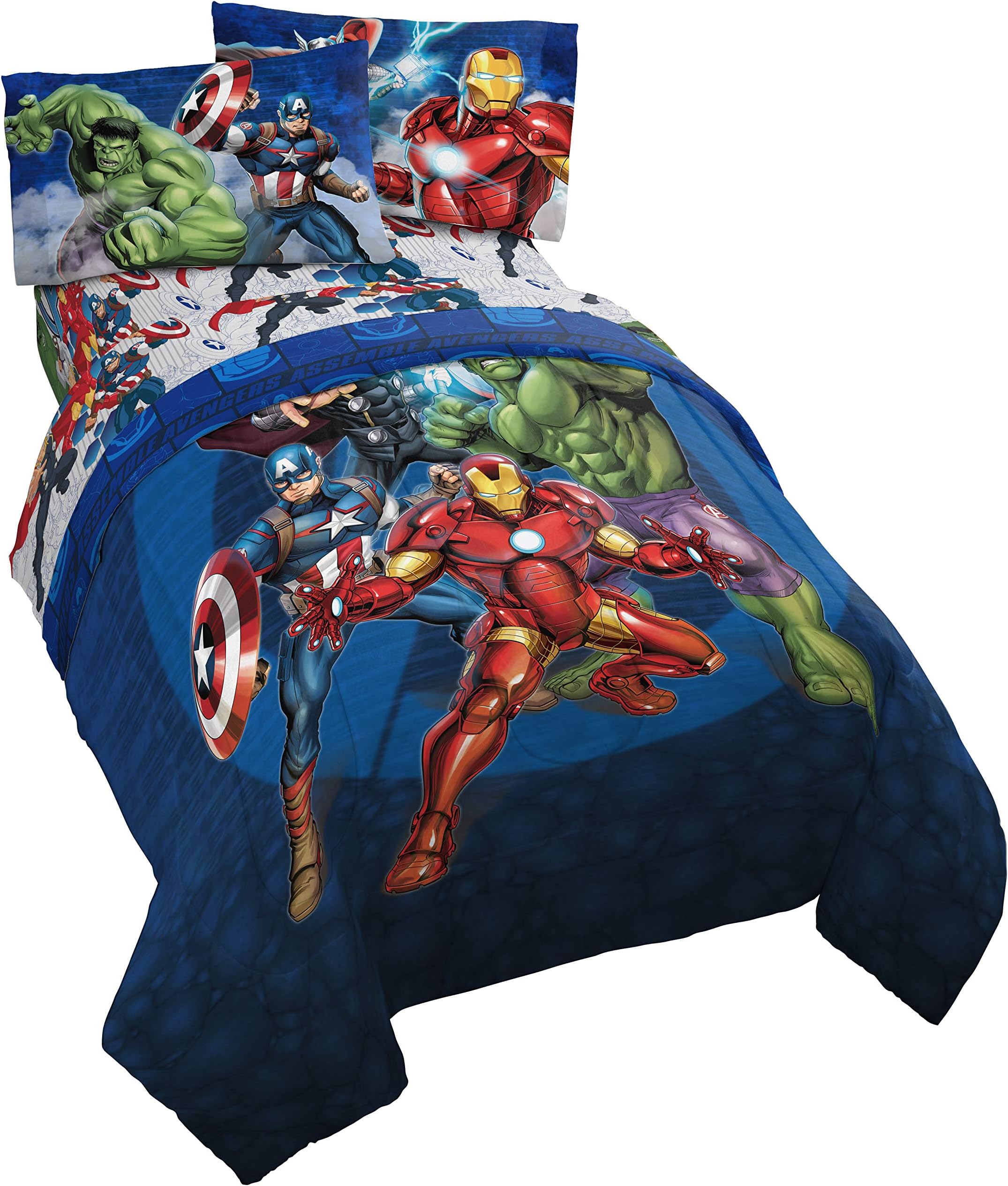 Marvel Avengers Blue Circle 4 Piece Twin Bed Set - Includes Reversible Comforter & Sheet Set - Super Soft Fade Resistant Polyester (Official Marvel Product)
