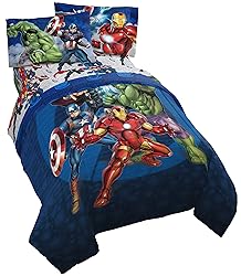 Marvel Avengers Blue Circle 4 Piece Twin Bed Set - Includes Reversible Comforter & Sheet Set - Super Soft Fade Resistant Polyester (Official Marvel Product)