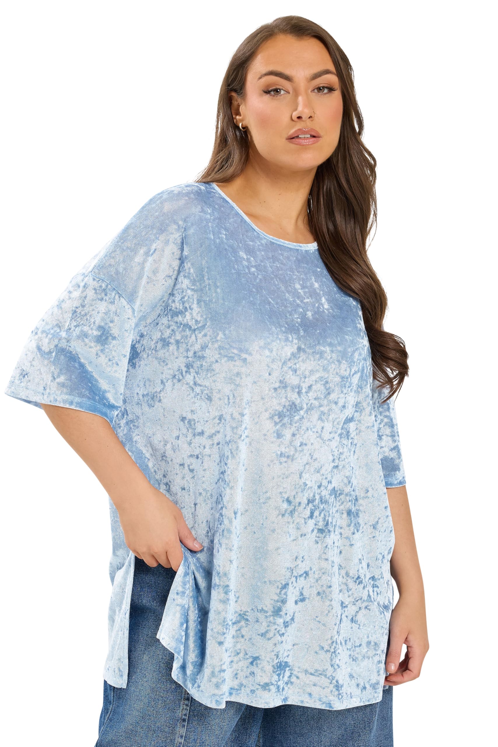 Yours Women's Light Blue Velour Drop Shoulder Sleeve Top In | Size: 26-28