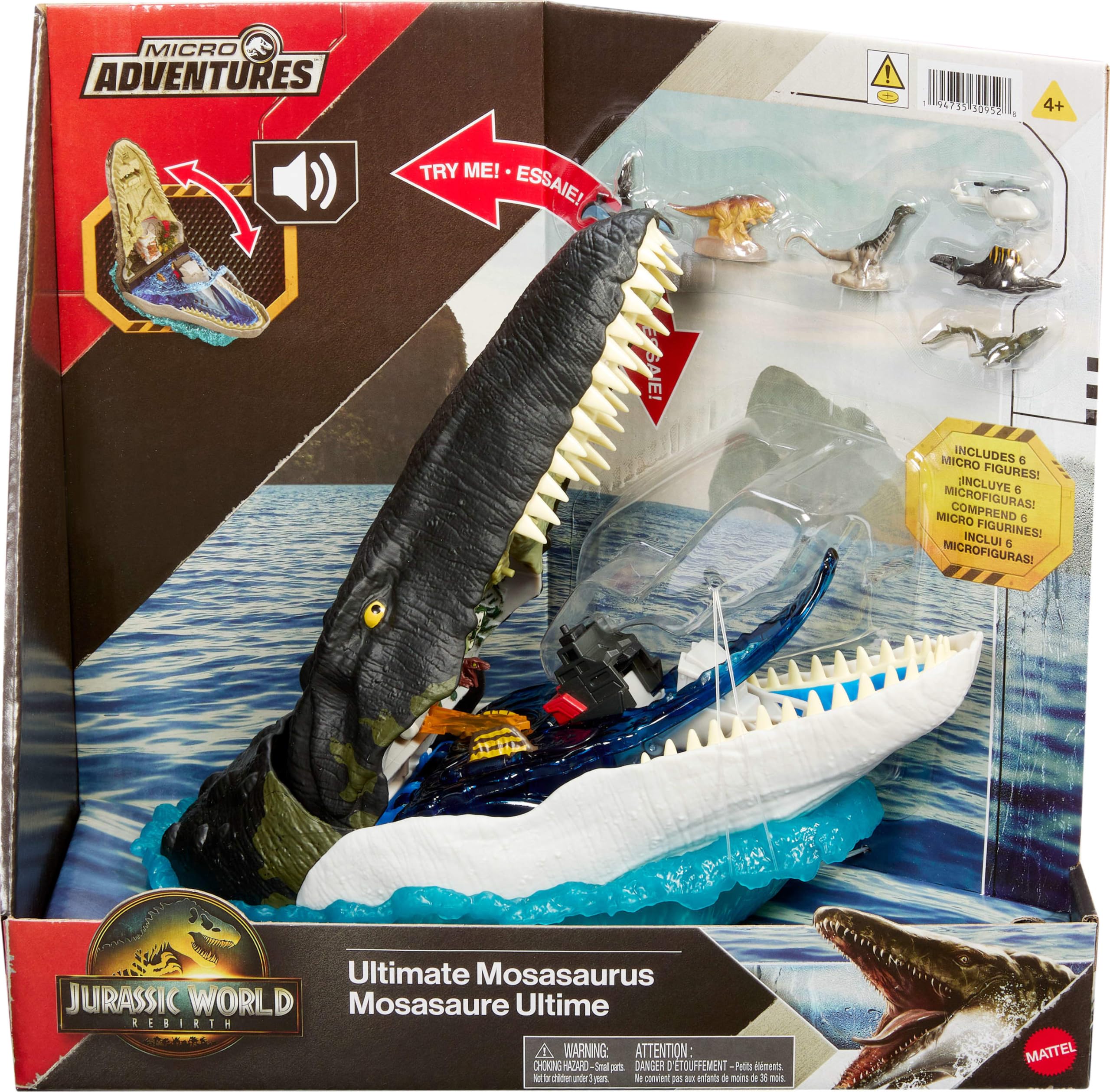 Mattel Jurassic World Rebirth Mosasaurus - Juego de Lujo con 7 características interactivas, 7 Efectos de Sonido y 6 microfiguras, se pliega para Transportar y almacenar