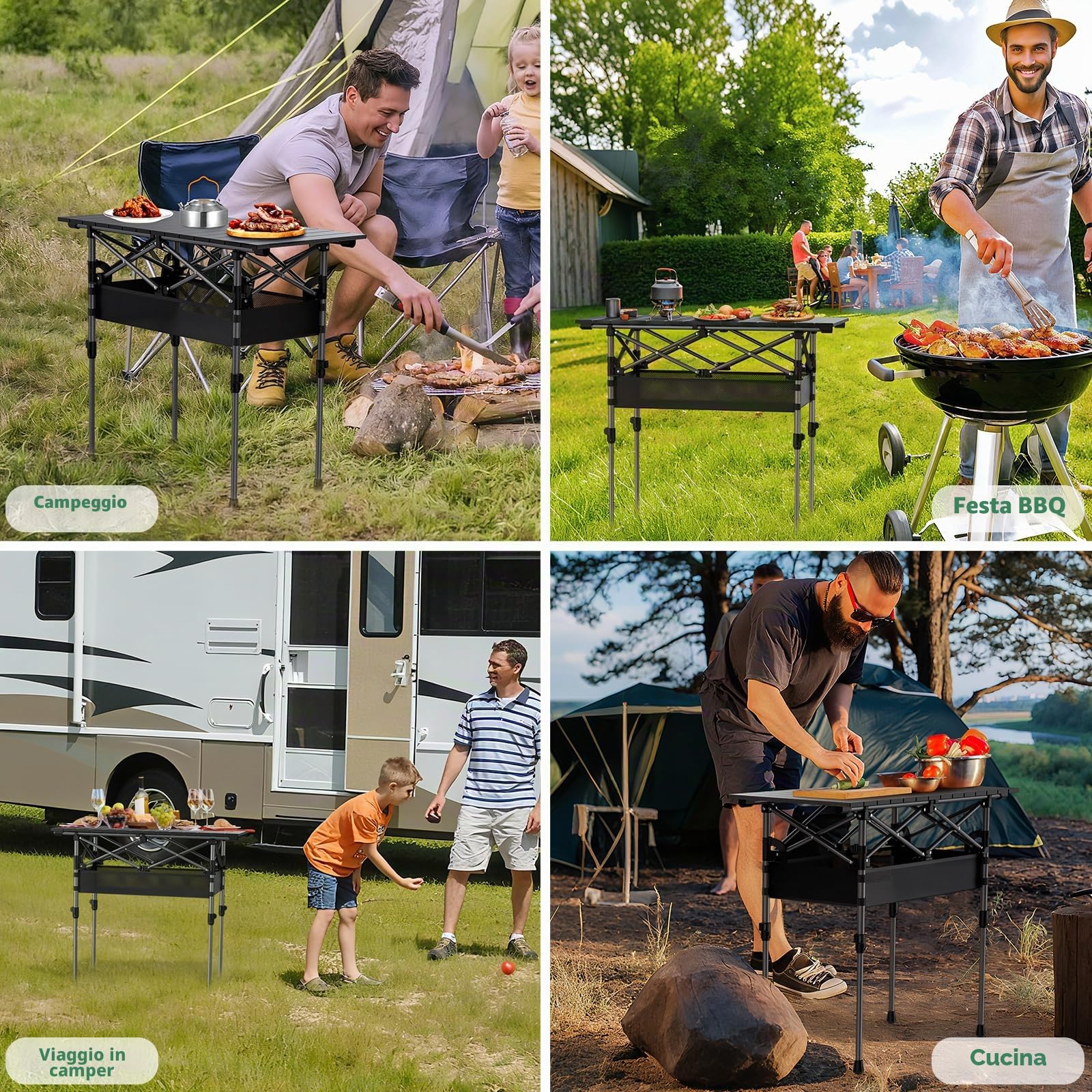 JiGiU Tavolo Pieghevole da Esterno 70 cm Nero Regolabile in Altezza-Design a Pacchetto Compatto con Rete Portaoggetti, per Campeggio, Giardino, Spiaggia e Picnic