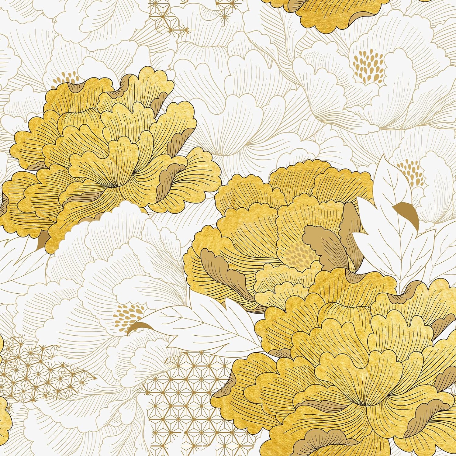 VEELIKE Luxurious Gold Floral Peel and Stick Wallpaper Vintage Chinese Peony Floral Wallpaper for Bedroom Living Room 17.7''x354'' Self Adhesive Contact Paper Removable Flower Wall Mural for Bathroom