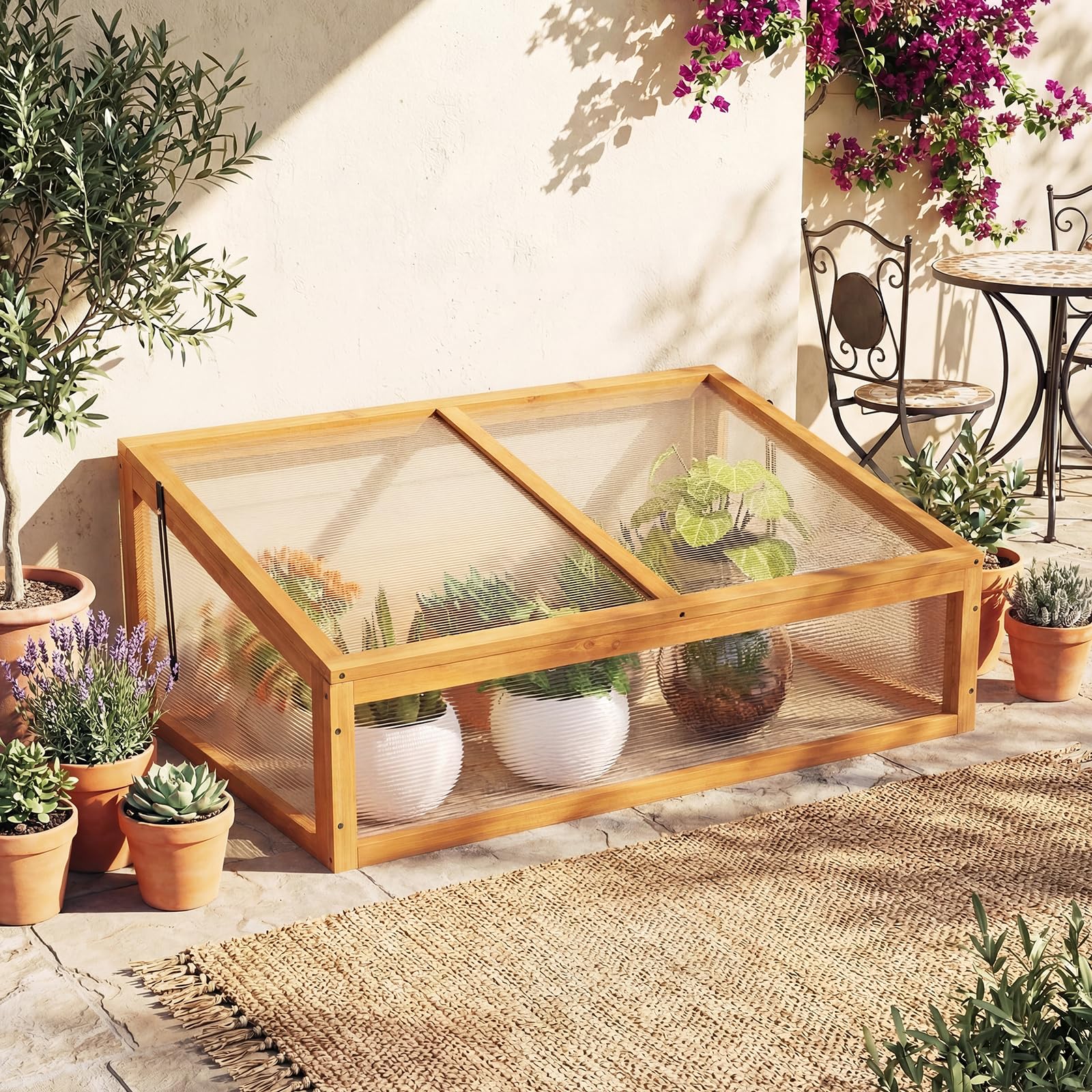 GYMAX Serre de Jardin en Bois, 94 x 63 x 40 cm, Jardinière de Culture de Plantes avec Panneaux Transparents, Toit Rabattable, Protection Hivernale Intérieure et Extérieure pour Balcon (Orange)
