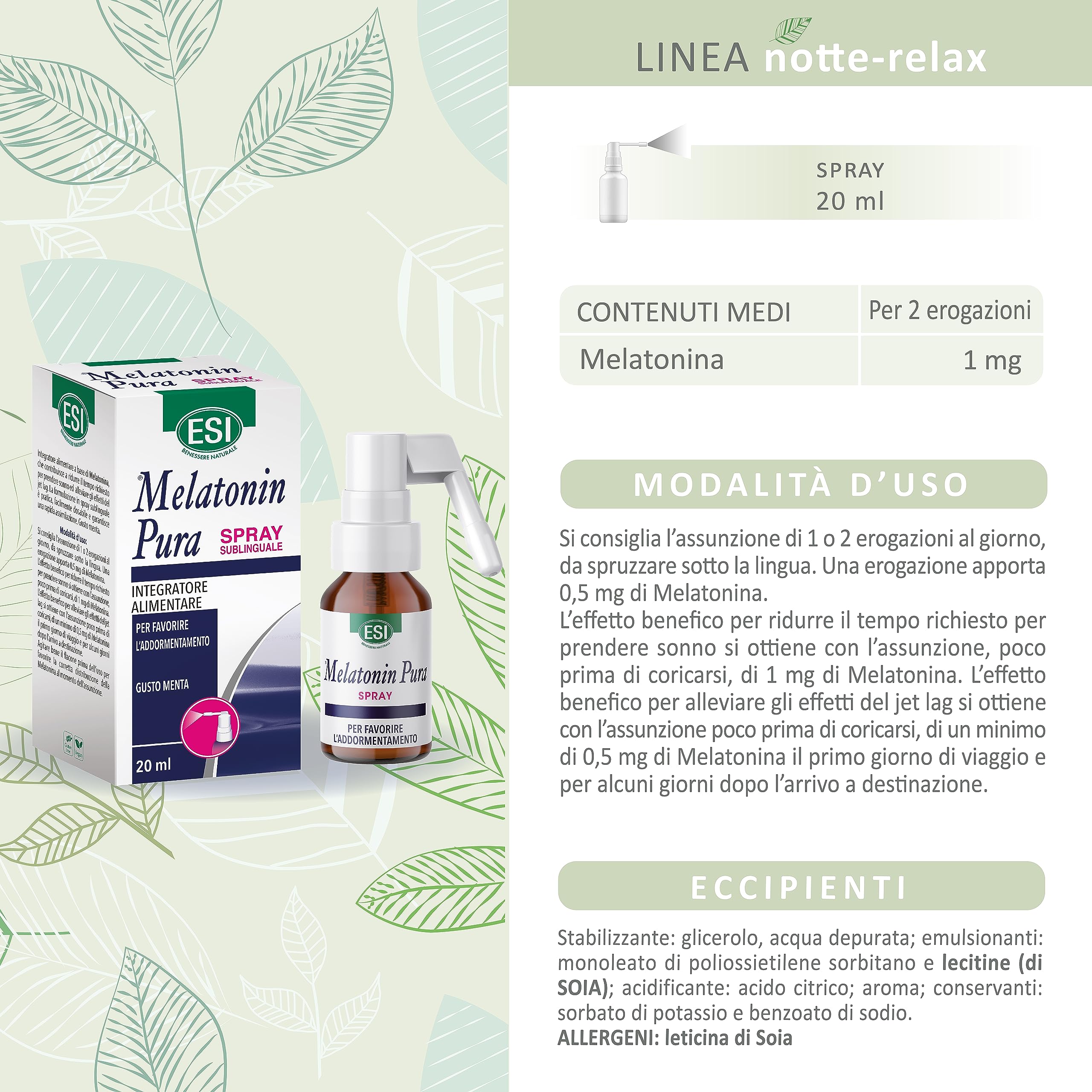 ESI - Melatonin Pura, Integratore Alimentare di Melatonina Spray, Senza Glutine, Senza Zuccheri e Vegan, Favorisce il Sonno e Contrasta Stress ed Effetti del Jet Lag, 20 ml