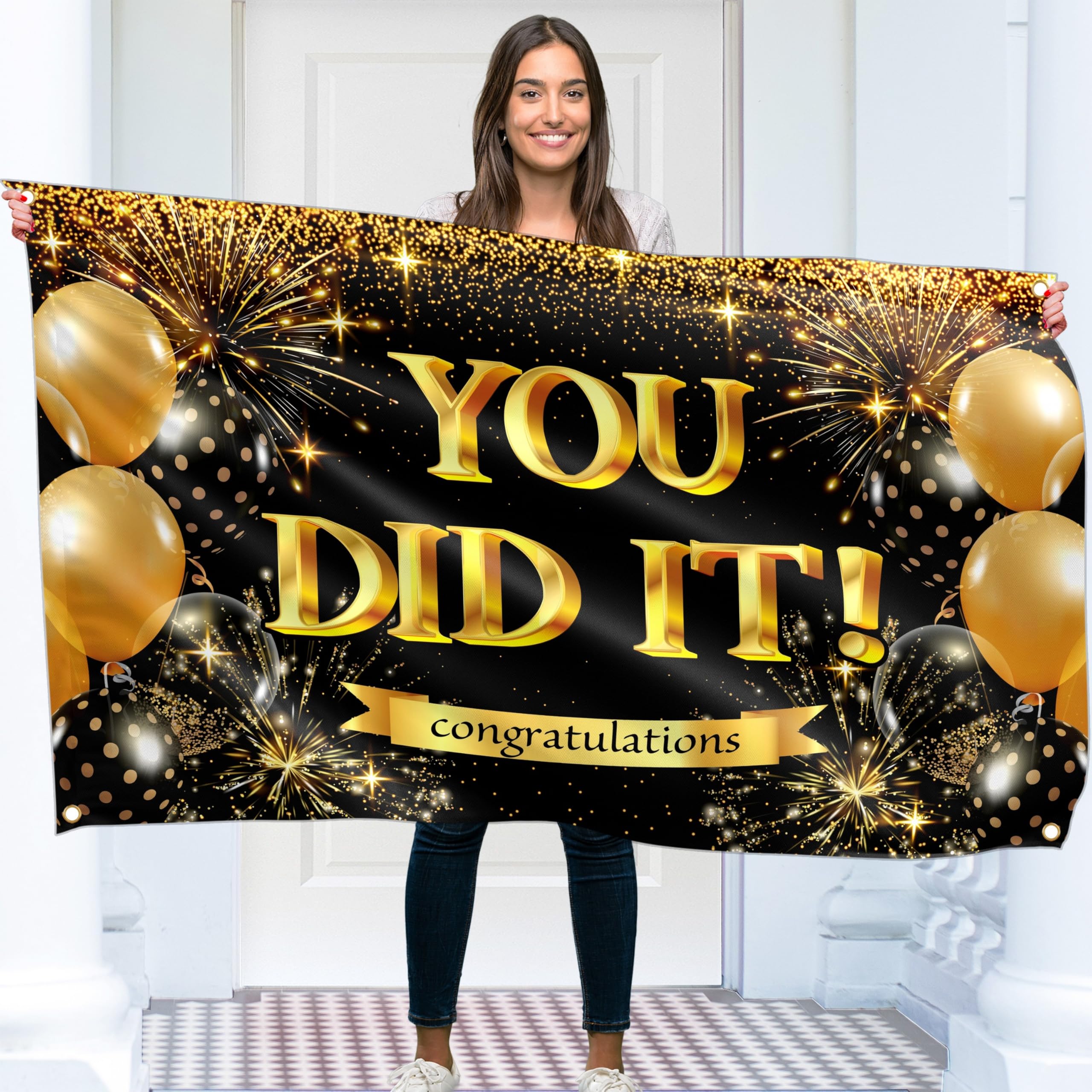 Congratulations Banner - Graduation Decorations 5x3ft - You Did It Banner - We are so Proud of You - Well Done (Black & Gold)